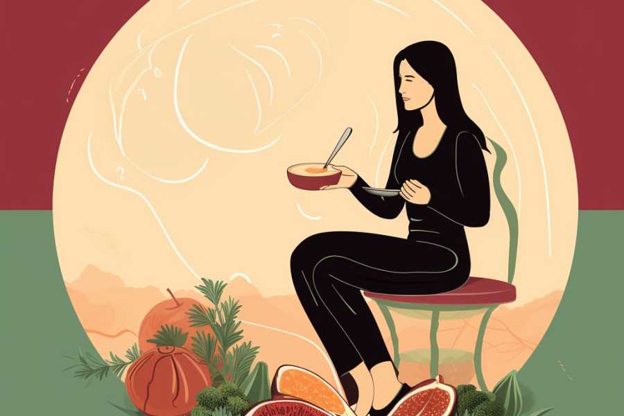 Menstruacija i Pravilna Ishrana - Ilustracija devojke koja oko sebe ima zdravu hranu