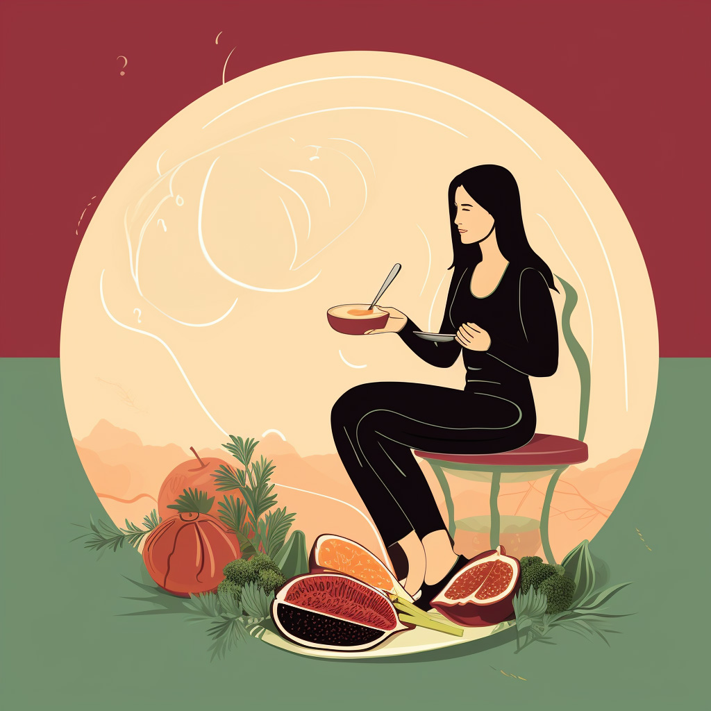 Menstruacija i Pravilna Ishrana - Ilustracija devojke koja oko sebe ima zdravu hranu