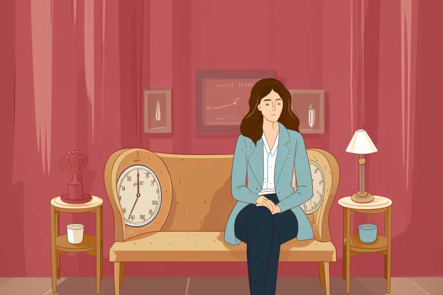Problemi sa Menstruacijom - Ilustracija žene koja sedi u čekaonici kod doktorke