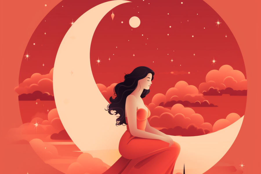 Sanjati menstruaciju - ilustracija gde je žena u polusedećem položaju a u pozadini je mesec koji simbolizuje snove.
