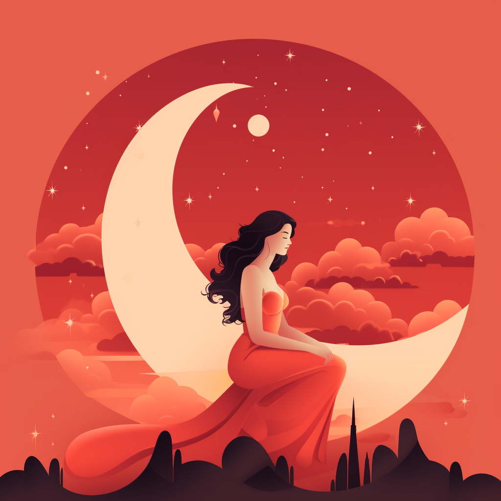 Sanjati menstruaciju - ilustracija gde je žena u polusedećem položaju a u pozadini je mesec koji simbolizuje snove.